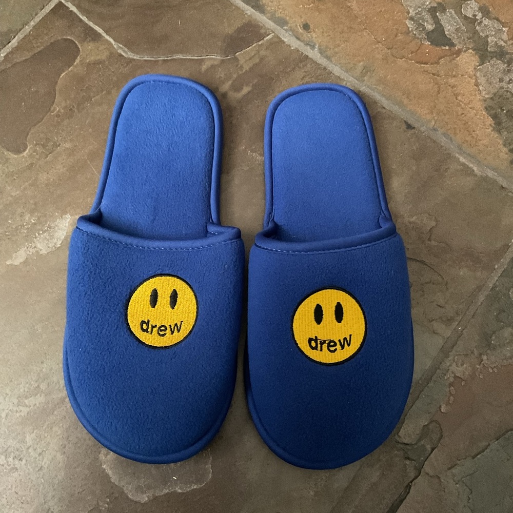 Drew House Blue Slippers with Yellow Smiley Face
